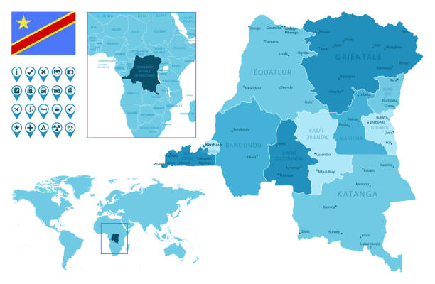 Democratic Republic of the Congo detailed administrative blue map with country flag and location on the world map. Map link URL:
https://legacy.lib.utexas.edu/maps/world_maps/united_states_foreign_service_posts-september_2011.pdf.
Some urban locations were taken from:
https://legacy.lib.utexas.edu/maps/world_maps/txu-oclc-264266980-world_pol_2008-2.jpg.
The image was created in Adobe Illustrator in eps10 format kinshasa stock illustrations