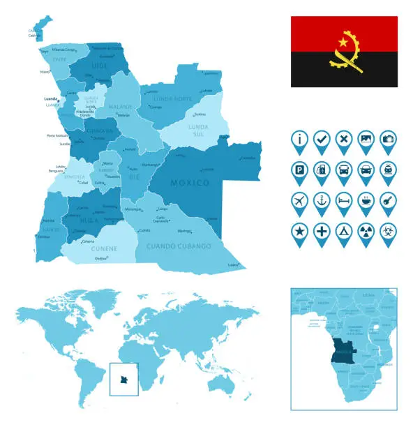 Vector illustration of Angola detailed administrative blue map with country flag and location on the world map.