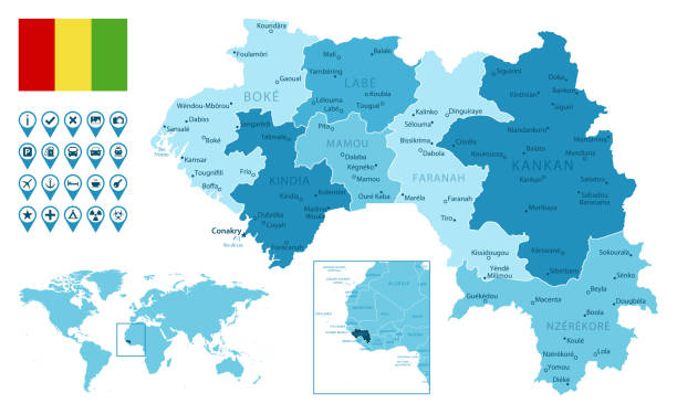 Guinea Detailed Blue Map With Country Flag And Location Guinea Detailed Blue Map With Country Flag And Location On The World Map 