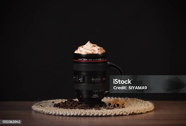 Canon Coffee Frappuccino Stock Photo - Download Image Now - Lens - Optical Instrument, Black Background, Mug