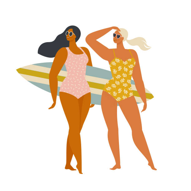 illustrazioni stock, clip art, cartoni animati e icone di tendenza di due ragazze surfiste felici che camminano con tavole sulla spiaggia sabbiosa belle giovani donne in spiaggia. estate attiva. stile di vita sano. surf. vacanze estive. illustrazione vettoriale piatta. - beach surfing bikini retro revival