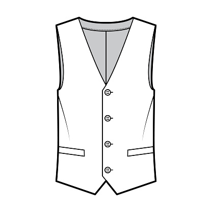 Lapelled vest waistcoat technical fashion illustration with sleeveless, notched shawl collar, button-up closure, pockets. Flat template front, white color style. Women, men, unisex top CAD mockup
