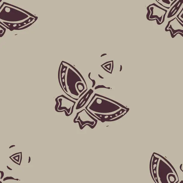 Vector illustration of Handmade carved block print butterfly seamless pattern. Rustic heritage folk art background. Scandi or ethnic indian design. Naive neutral tone all over texture.