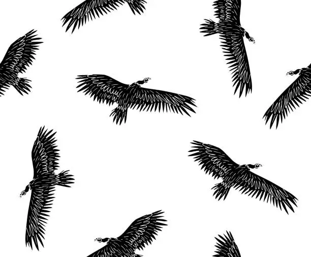 Vector illustration of Vector seamless pattern of hand drawn doodle sketch black flying griffon vulture bird isolated on white background