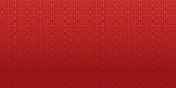 빨간색 중국어 벡터 배경, 그리스 키 패턴, 동양 장식, 일본어 배너. 아시아 또는 골동품 질감. - roman stock illustrations