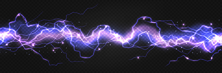 Realistic lightning powerful discharge on dark background. Electric wave from side to side. Thunder shock effect, blazing thunder light strike in darkness. Vector 3d illustration of energy flow.