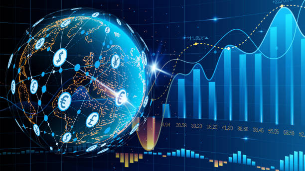 istock Blue futuristic background. Quotes on world markets. Modern technology. Online banking, financial communications and mining. World wide web. Planet Earth. Hologram with a globe of the world. Vector. 1312370171