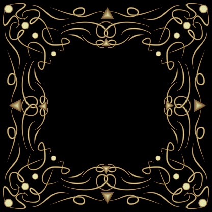 Art deco frame with embossed patterns on black background, filigree decorative border, vintage decoration with curly curves, blank area for own text