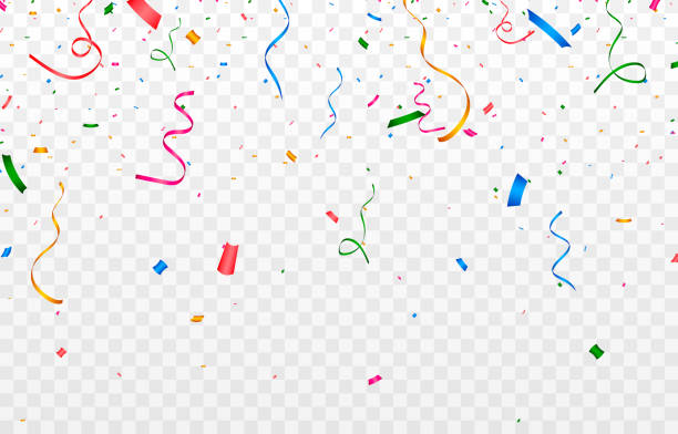 вектор конфетти пнг. разноцветные конфетти падают с неба. конфетти, серпантин, мишура на прозрачном фоне. праздник, день рождения. - confetti stock illustrations