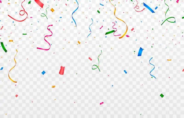Vector illustration of Vector confetti. Multicolored confetti falls from the sky. confetti, serpentine, tinsel on a transparent background. Holiday, birthday.
