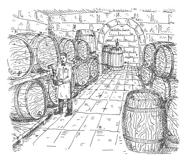 Man tastes wine in cellar with wooden barrels. Vintage hatching illustration. Man tastes wine in a cellar with wooden barrels. Vintage vector hatching monochrome illustration. Isolated on white background. Hand drawn design whisky cellar stock illustrations