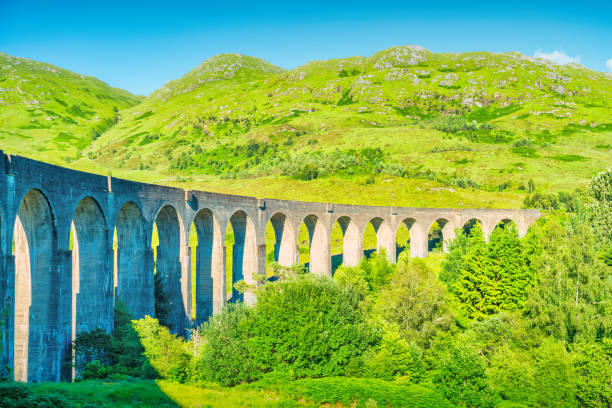 Glenfinnan Viaduct in the Scottish Highlands, Scotland on a sunny summer day.