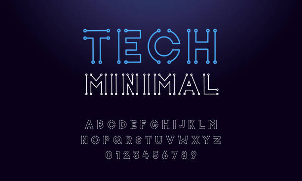 Minimal tech circuit font. Vector thin line digital typeface letters and numbers. Futuristic, technology and science, computer, sci-fi, gaming related subjects Vector eps10 robotics stock illustrations