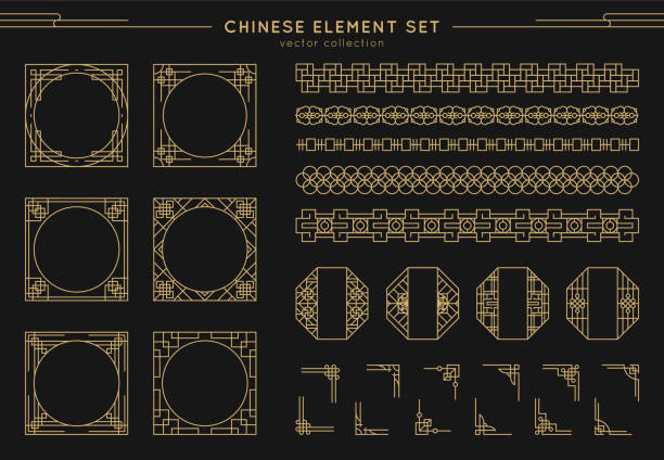 Chinese vector set of border, frames, patterns, knots isolated on black background. Asian gold elements for new year ornament. Japanese decorative patterns. Traditional vintage asian elements Chinese vector set of border, frames, patterns, knots isolated on black background. Asian gold elements for new year ornament. Japanese decorative patterns. Traditional vintage asian elements. china east asia illustrations stock illustrations