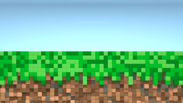 istock Geometric mosaic waves pattern. Construction of hills landscape using brown and green grass blocks, blue sky. 3d render 1312380576