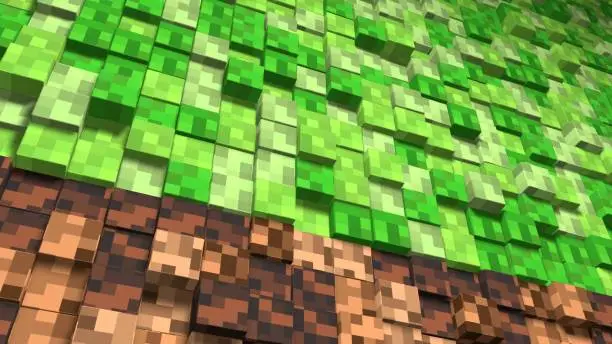 Pixel grass and ground background. 3D Abstract cubes. Video game geometric mosaic waves pattern. Construction of hills landscape using brown and green grass block. Concept of games minecraft
