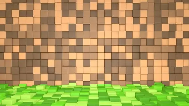 3D Abstract cubes. Video game minecraft geometric mosaic waves pattern. Construction of hills landscape using brown and green grass blocks