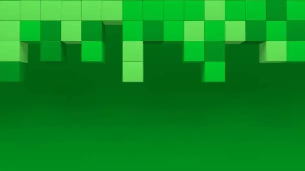 Video game geometric mosaic waves pattern. Construction of hills landscape using green grass blocks on green background. Minecraft style. 3D Abstract cubes