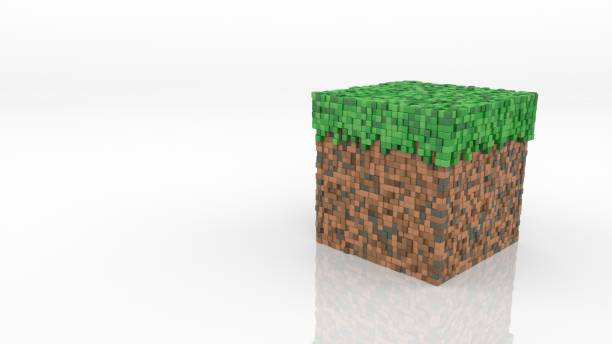 Block from game in isometric view on white glossy background. Geometric mosaic waves pattern. Construction of hills landscape using brown and green grass blocks. Minecraft style. 3d abstract cube