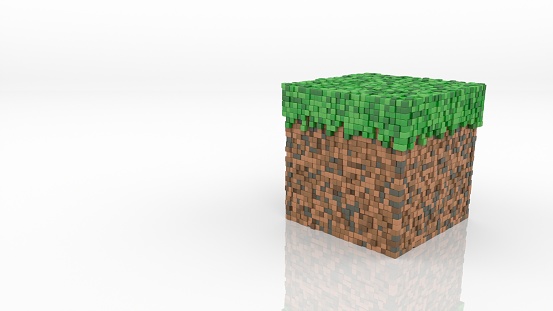 Block from game in isometric view on white glossy background. Geometric mosaic waves pattern. Construction of hills landscape using brown and green grass blocks. Minecraft style. 3d abstract cube