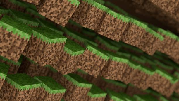 istock 3D Abstract cubes. Video game geometric mosaic waves pattern. Construction of hills landscape using brown and green grass blocks. Concept of game minecraft 1312381219