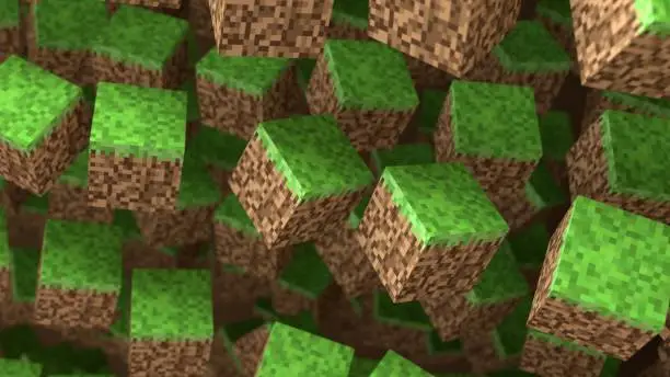 3D Abstract cubes. Video game geometric mosaic waves pattern. Construction of hills landscape using brown and green grass blocks. Concept of game minecraft