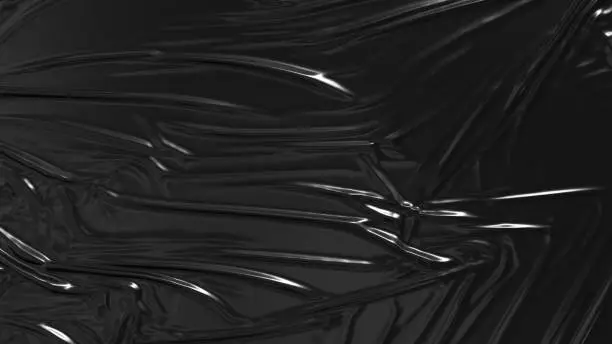 Black wrinkled plastic wrap. Glossy cloth background. 3D render