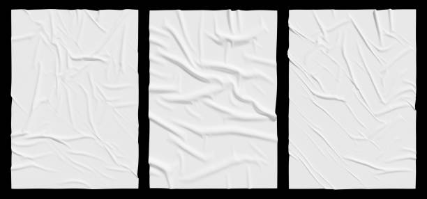 white wrinkled poster template set. mockup of glued paper isolated on black background. - paper sheet imagens e fotografias de stock