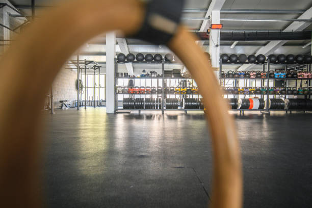 istock View Through Gymnastic Rings of Spacious Workout Facility 1312385623