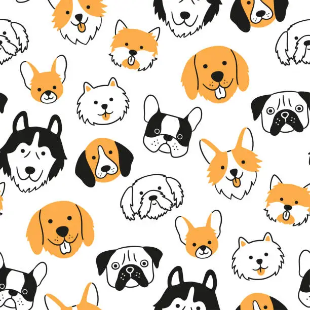 Vector illustration of Seamless pattern with heads of different breeds dogs. Corgi, Pug, Chihuahua, Terrier, Husky, Pomeranian.