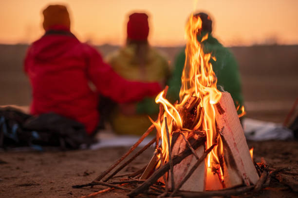 istock Bonfire burning near travelers in evening 1312386439