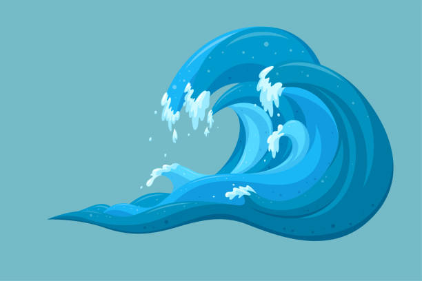 Tsunami waves background. Moving ocean waves in cartoon style. Vector illustration Tsunami waves background. Moving ocean waves in cartoon style. Vector illustration in turquoise background coil tubing stock illustrations