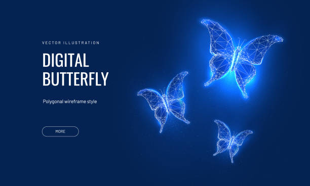 ilustrações, clipart, desenhos animados e ícones de borboleta em um estilo futurista digital no mapa do mundo de fundo. o conceito de uma startup de sucesso ou investimento ou transformação de negócios - butterfly net