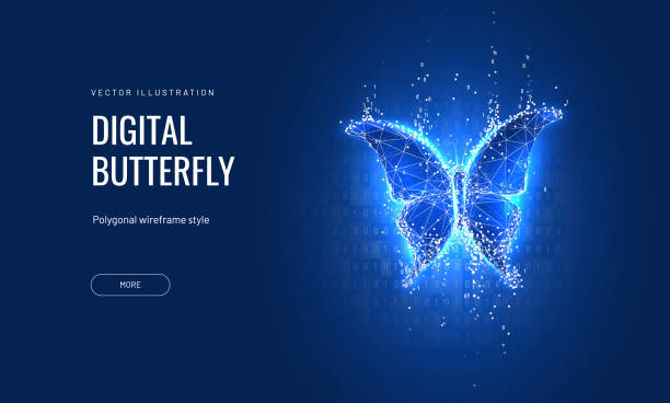 ilustrações, clipart, desenhos animados e ícones de borboleta digital em um estilo poligonal futurista em um fundo azul. convertendo código binário em borboleta, metamorfose de renovação ou transformação. trazendo com sucesso ideias de negócios à vida - butterfly net