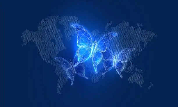 Vector illustration of Butterfly in a digital futuristic style on background world map. The concept of a successful startup or investment or business transformation