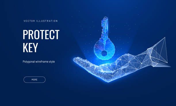 未来的な多角形のスタイルで手にデジタルキー。プライバシーの概念または問題解決。ベクトル抽象イラスト、光るホログラム - real estate house key backgrounds点のイラスト素材／クリップアート素材／マンガ素材／アイコン素材