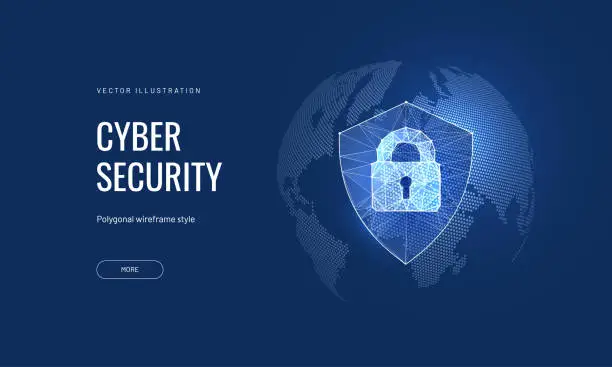 Vector illustration of Cyber security, shield lock in futuristic polygonal style. Concept of internet privacy or cyber protection on the background of the world map. 3d vector illustration