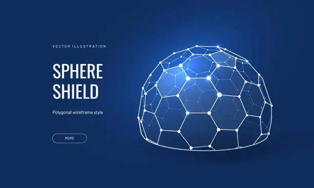 Vector illustration of Dome shield geometric vector illustration on a blue background. Geometric translucent shield futuristic for protection in an abstract glowing style