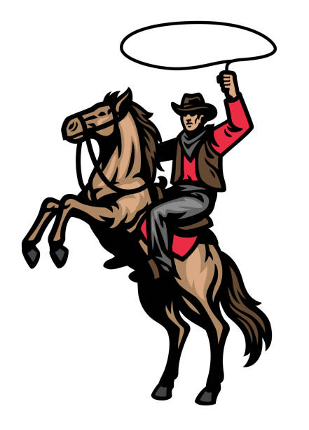 cowboy-maskottchen reiten das stehende pferd - mounted stock-grafiken, -clipart, -cartoons und -symbole