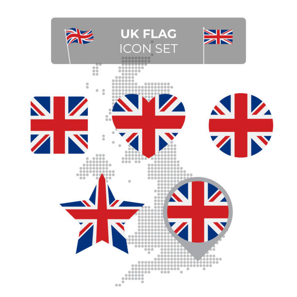 großbritannien, große briten gewellte flagge symbole gesetzt - quadrat, herz, kreis, sterne, zeiger, karte marker. mosaik-karte von großbritannien. union jack, gewerkschaftsflagge. vektor flache uk symbol, symbol, taste - uk map british flag england stock-grafiken, -clipart, -cartoons und -symbole