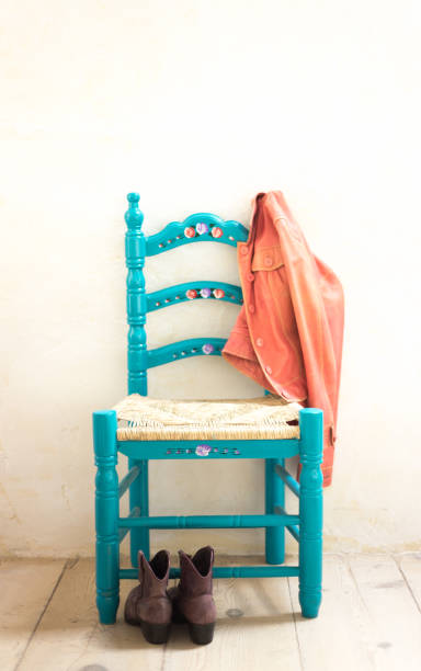 Rustic Painted Wood Chair, Boots, Pink Jacket