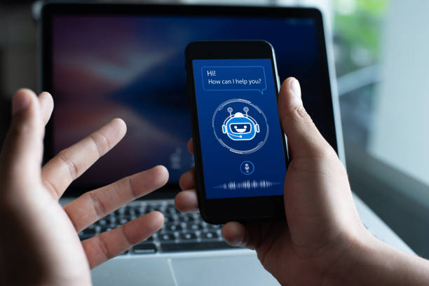 Chatbot assistant, Ai Artificial Intelligence Chatbot service, Ai Artificial Intelligence technology, internet virtual assistant on smart phone screen, online customer support website or social media network, information about products or service telegram machine photos stock pictures, royalty-free photos & images