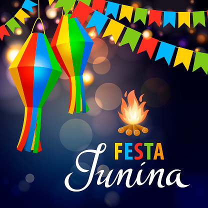 Celebrate the Festa junina in Brazil for the whole month of June with bunting, paper lantern and bonfire on the sparkling light background