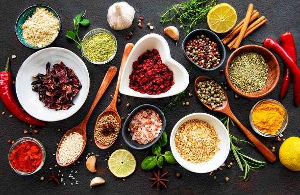 istock Various spices in a bowls on a black 1312403123