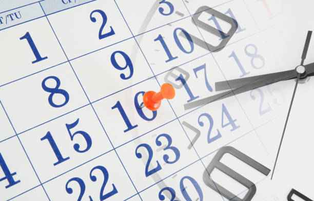 istock Collage with round clock and calendar page with thumbtack 1312403253
