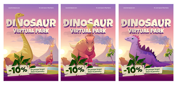 Dinosaur virtual park cartoon posters, historical online museum visit promo with discount for large groups. Educational prehistory portal, paleontology studying, exhibition service, vector flyers set