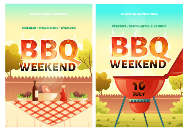 bbq weekend plakaty z kreskówek, zaproszenie na imprezę - party barbecue grill dinner barbecue stock illustrations