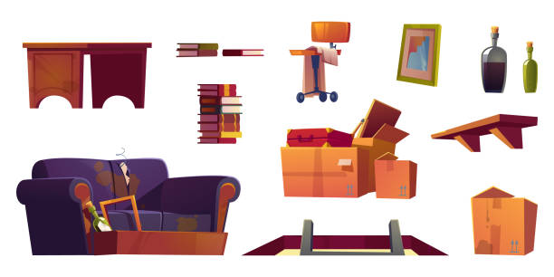 Vector set of old furniture stored on house attic Old furniture stored on house attic. Hatch with ladder, wooden shelf, sofa with torn upholstery and dirty cardboard boxes with junk. Vector cartoon set with chair, book stack, table and broken frame old style stock illustrations