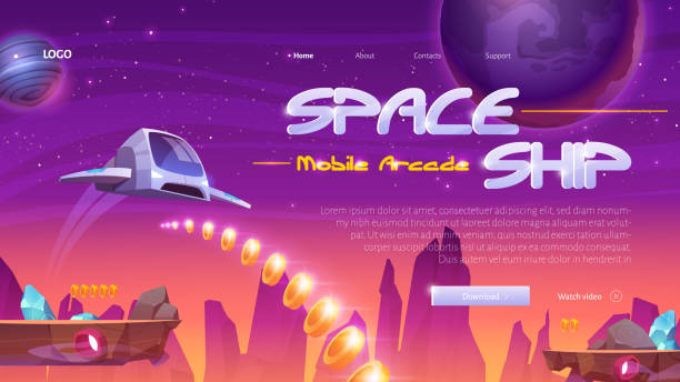 Spaceship mobile game website with rocket in space Spaceship mobile game website with rocket on universe background. 2d arcade videogame for play on phone. Vector landing page with cartoon space ship, galaxy, planets, platforms and golden coins space invaders game stock illustrations