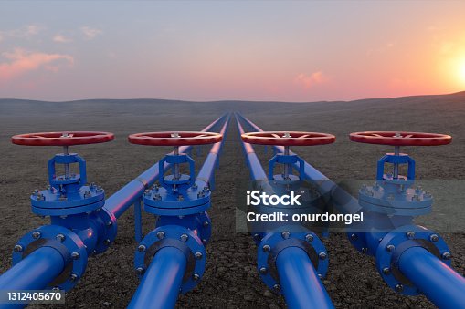 istock Oil Or Gas Transportation With Blue Gas Or Pipe Line Valves On Soil And Sunrise Background 1312405670